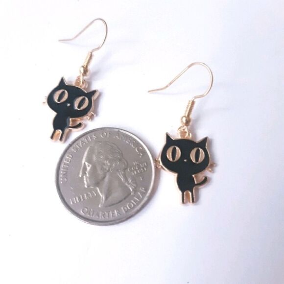 Cat Earrings Small Dangling Kitty Gold-tone Stainless Steel Hook Earrings - Picture 3 of 7